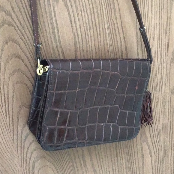 Brahmin brown leather shoulder bag croc print, adjust strap tassel, sz M Mint - Picture 2 of 13